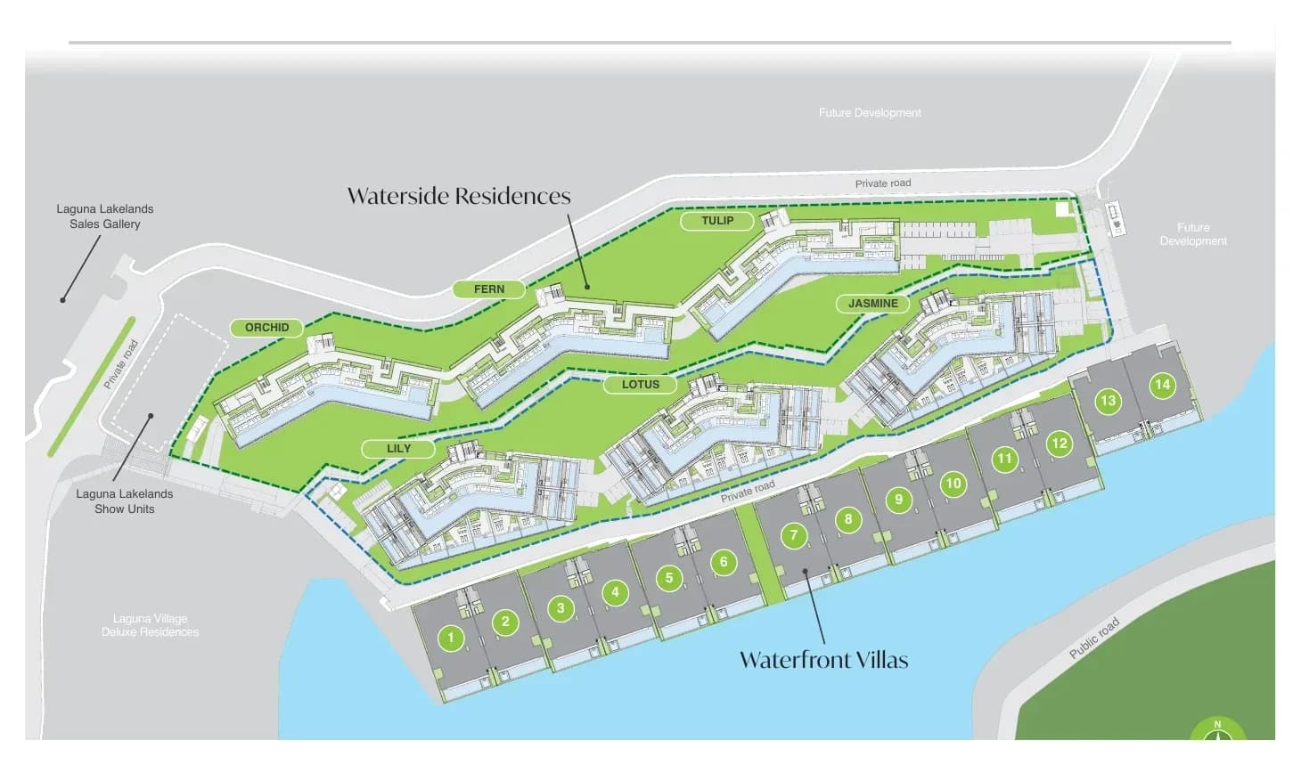 Site plan identifying the six Laguna Lakelands Waterside apartment blocks and neighbouring villa plots