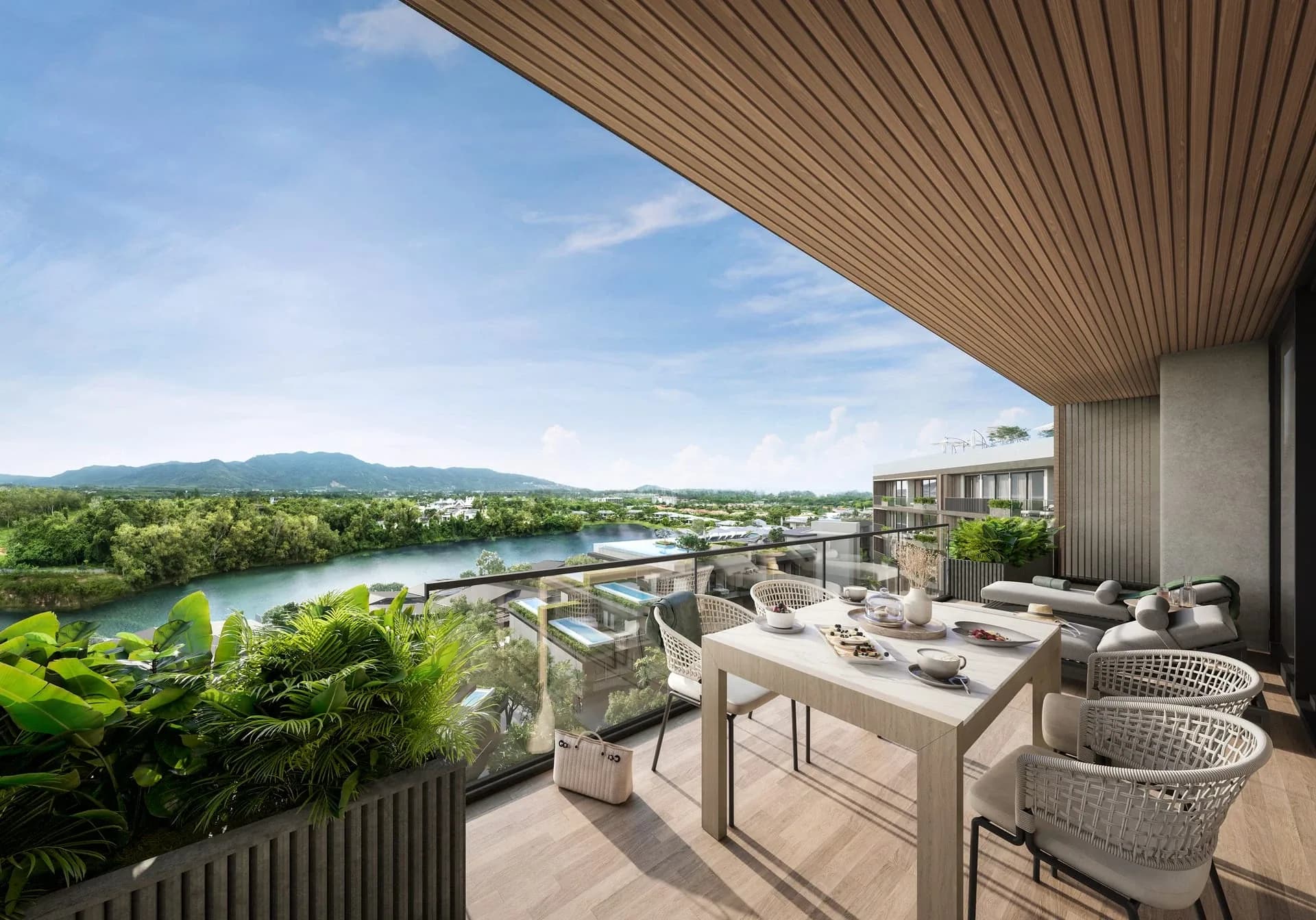 Covered terrace of a Waterside residence overlooking the lake and hills, architectural rendering