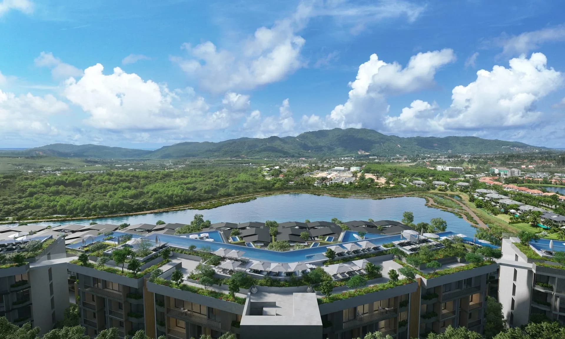 Landscaped rooftop pool and terraces overlooking the Laguna Lakelands lake, architectural rendering