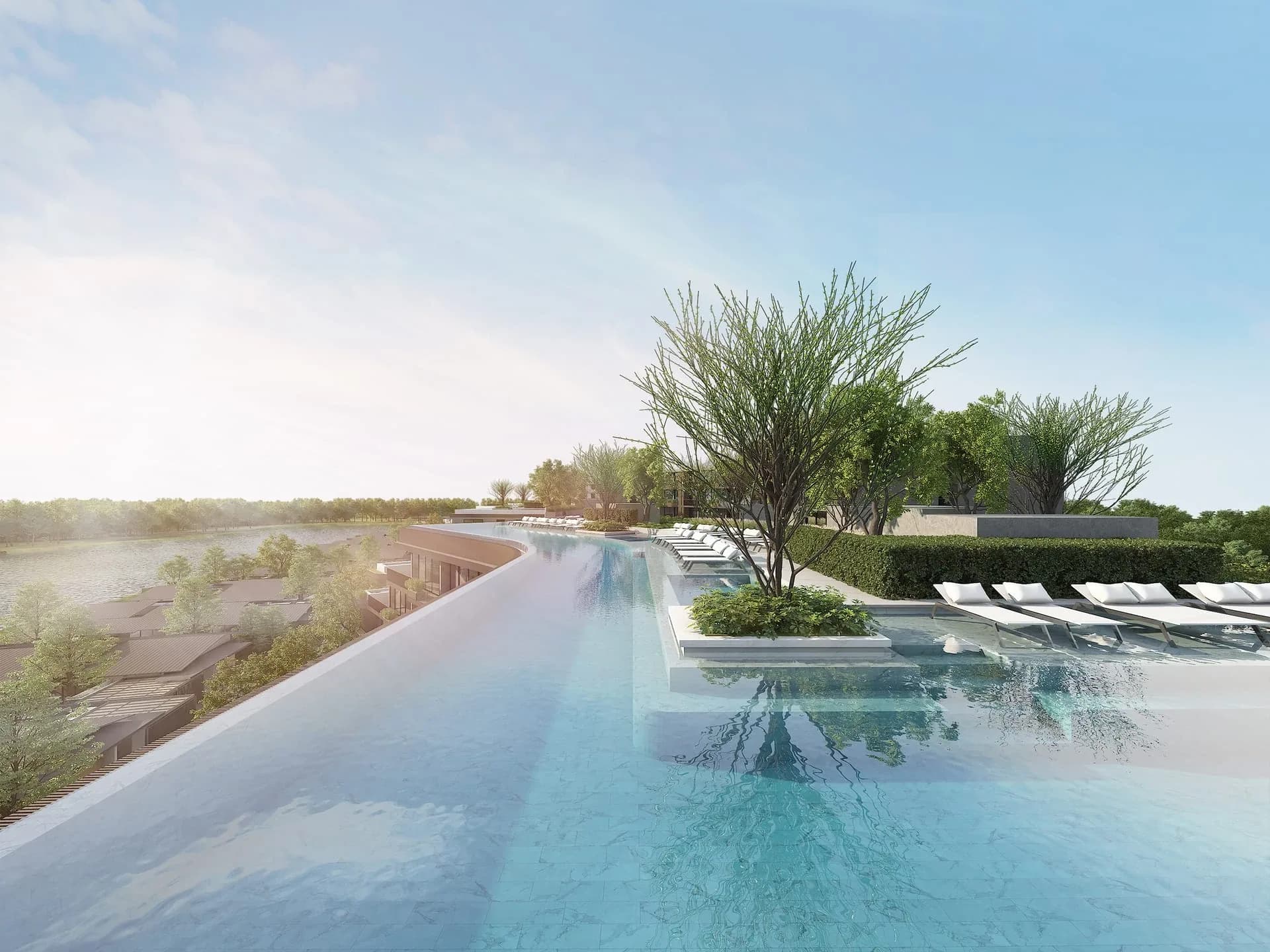 Waterside rooftop infinity pool with loungers and landscaped seating areas, architectural rendering