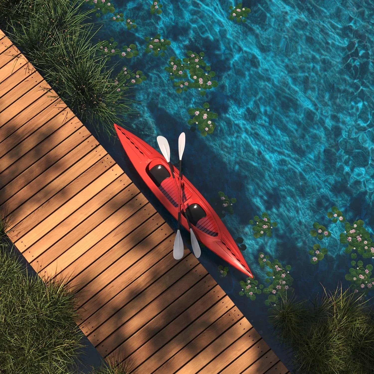 Developer illustration of a red kayak beside a timber jetty at the Laguna Lakelands lake